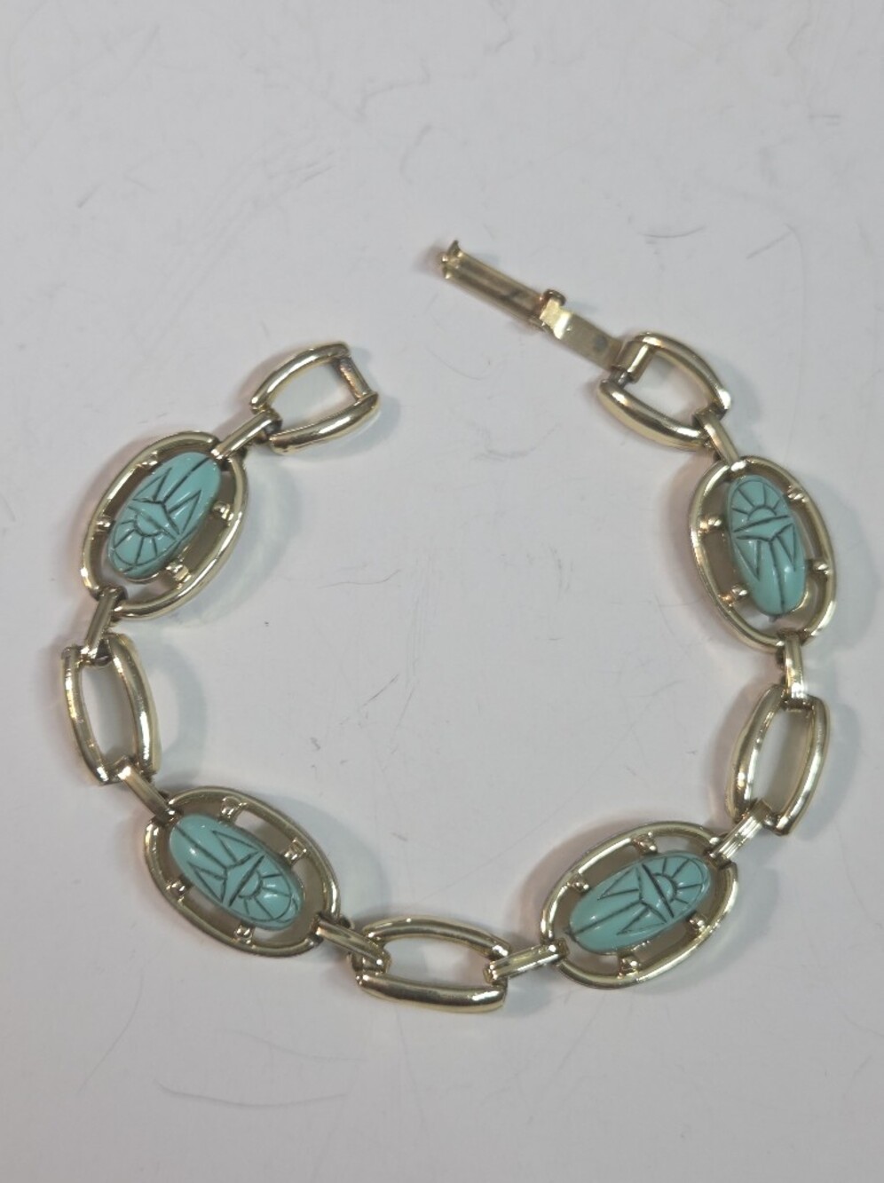 tara sacrab beetle bracelet cabochon gold tone turquoise egyptian revival 7in